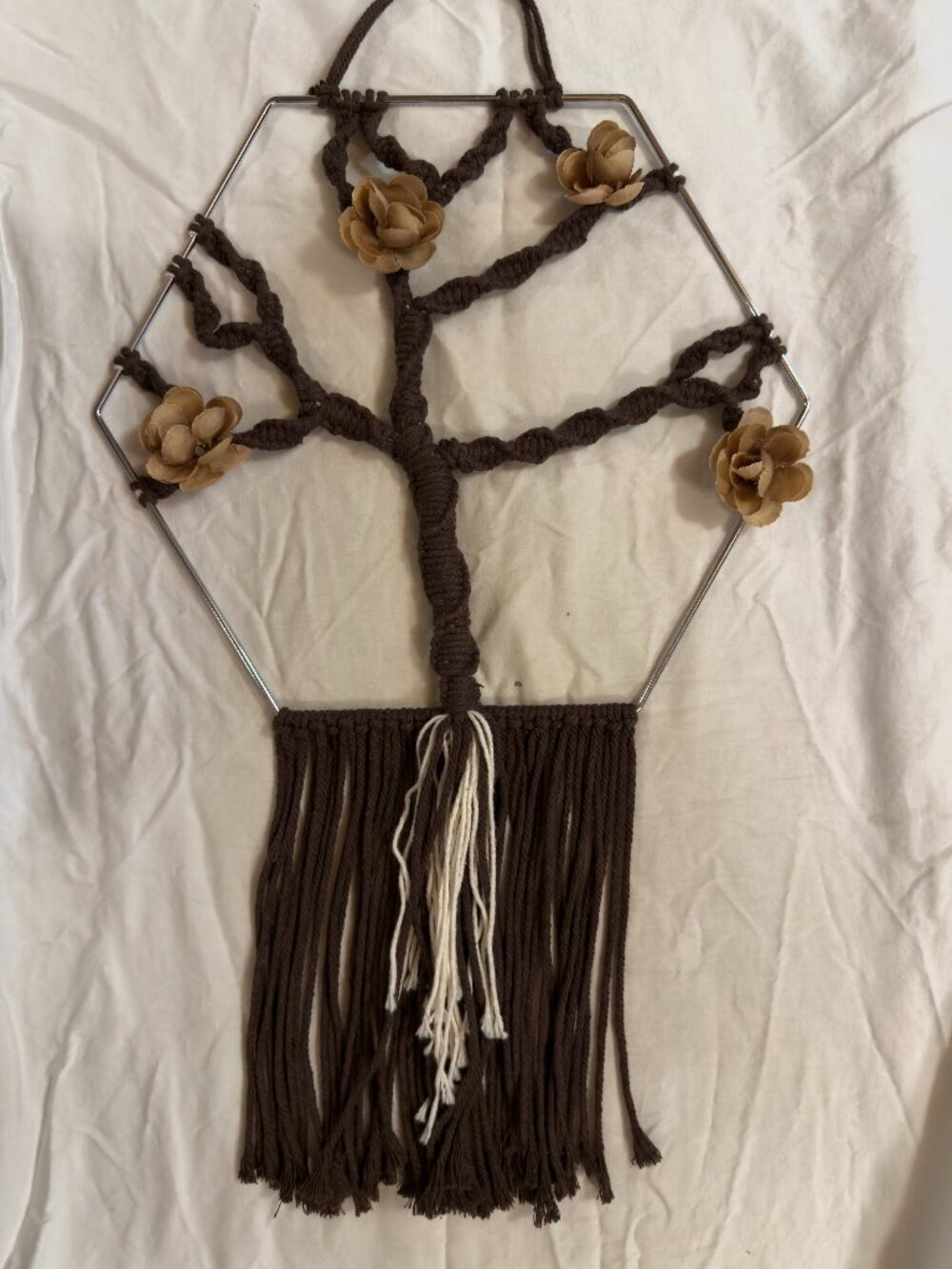 12" Hexagon Boho Macrame Brown & Cream Tree of Life with Light Brown Flowers